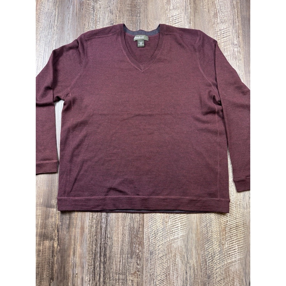 Eddie Bauer Pullover V Neck Sweater Mens L Maroon Red 100 Merino Wool Cozy Soft